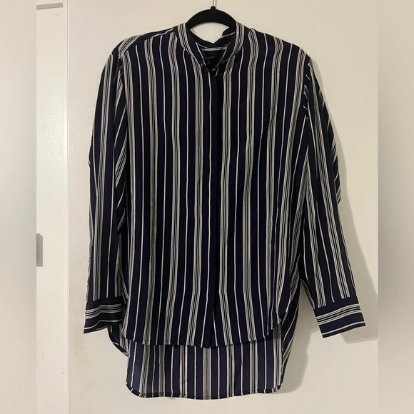 Madewell Silk Blouse Size Medium Blue & White Stripe Print Long SZ M (J116) - Picture 1 of 9